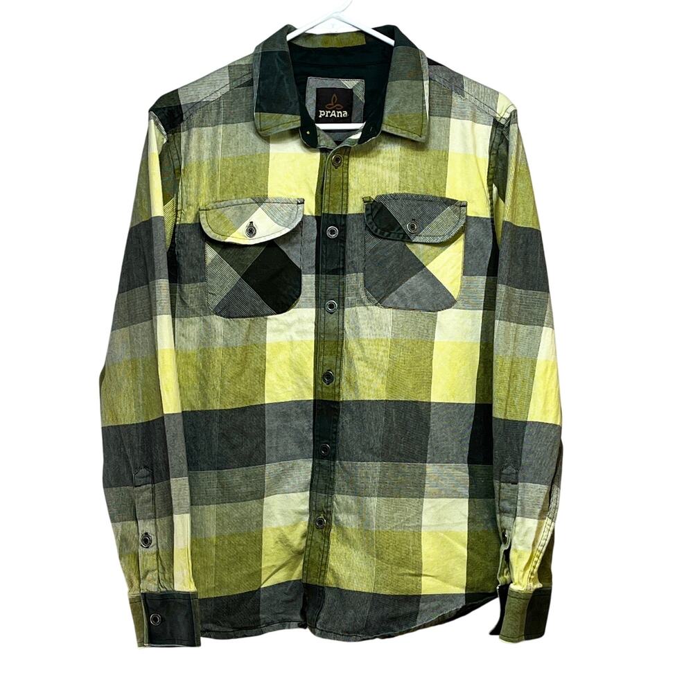 prAna Lybek Men's Small Flannel Shirt L/S Yellow Plaid Organic Cotton Gorpcore